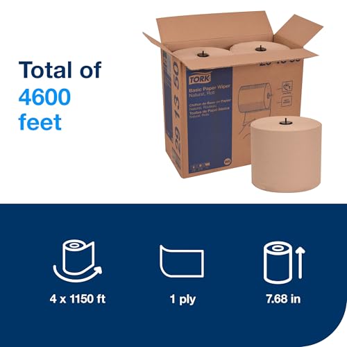 Tork Basic Paper Wiper Natural W6, Roll Towel - 4 x 1452 Sheets, Green Seal Certified, Office & Commercial Use, Eco-Frie